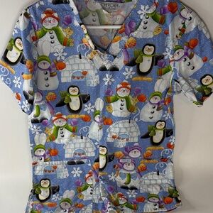 Cherokee Festive Snowman and Penguin Scrub Top